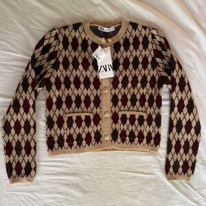 NWT Zara - Argyle Heavy Knit Cardigan - Size M - Red, Green, Cream
